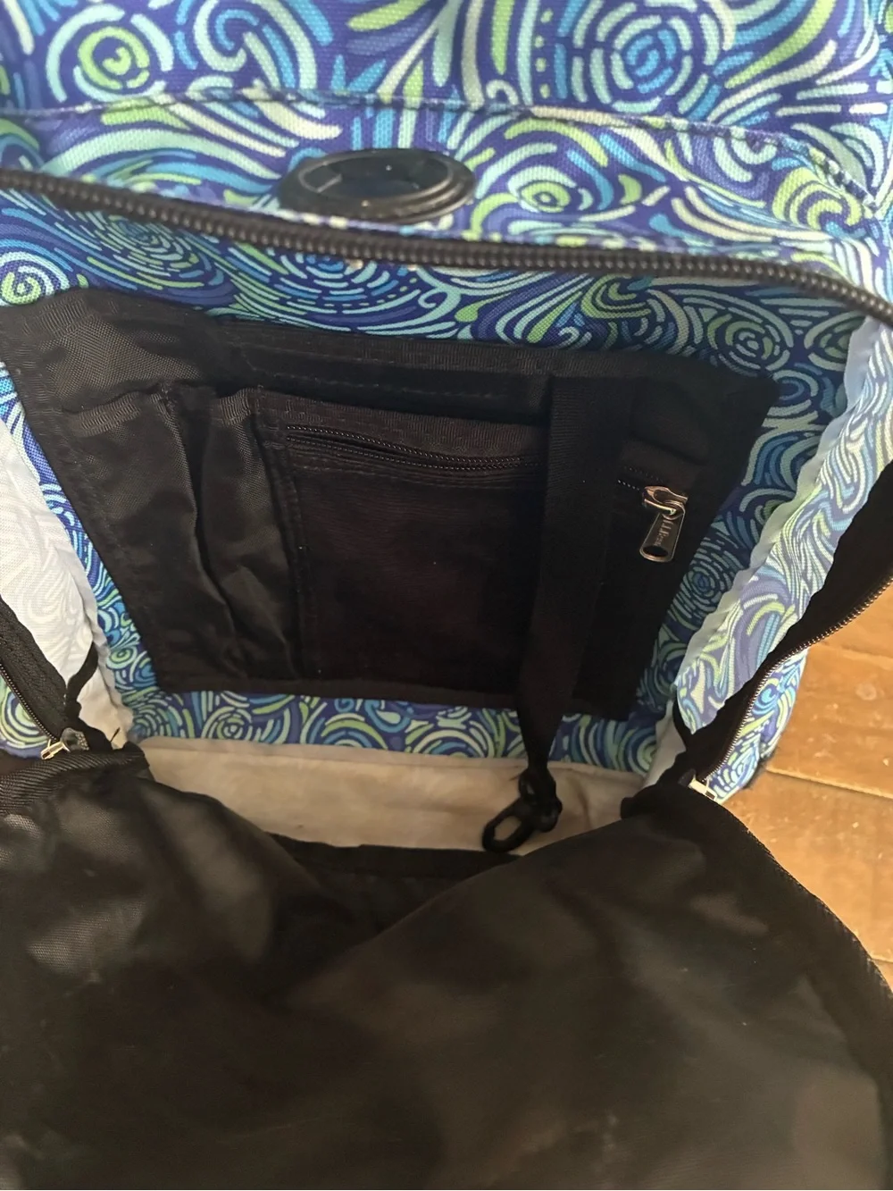 L.L. Bean Blue and Teal Swirl Pattern Rolling Backpack